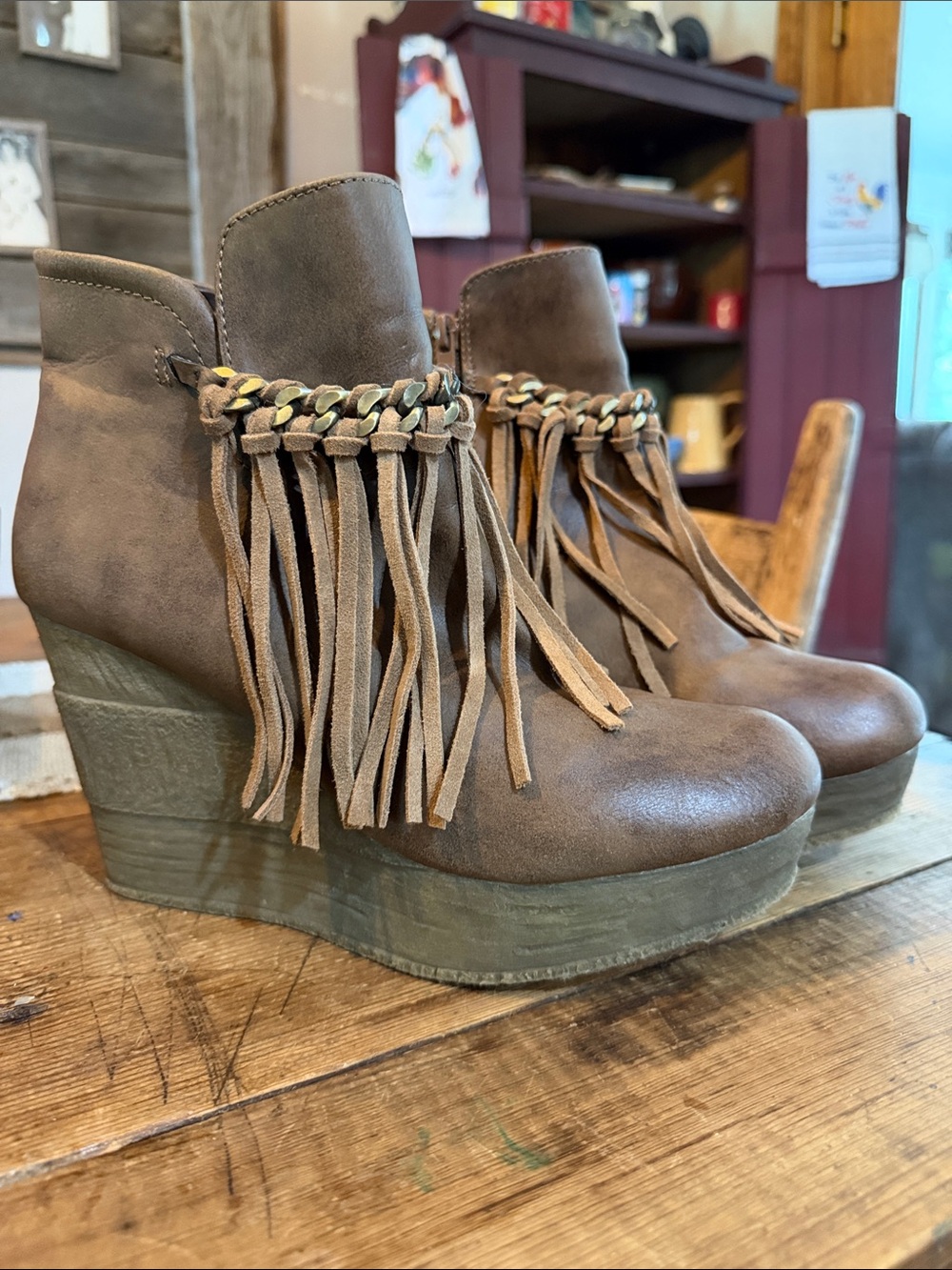 Sbicca Brown Fringe Wedge Ankle Boots